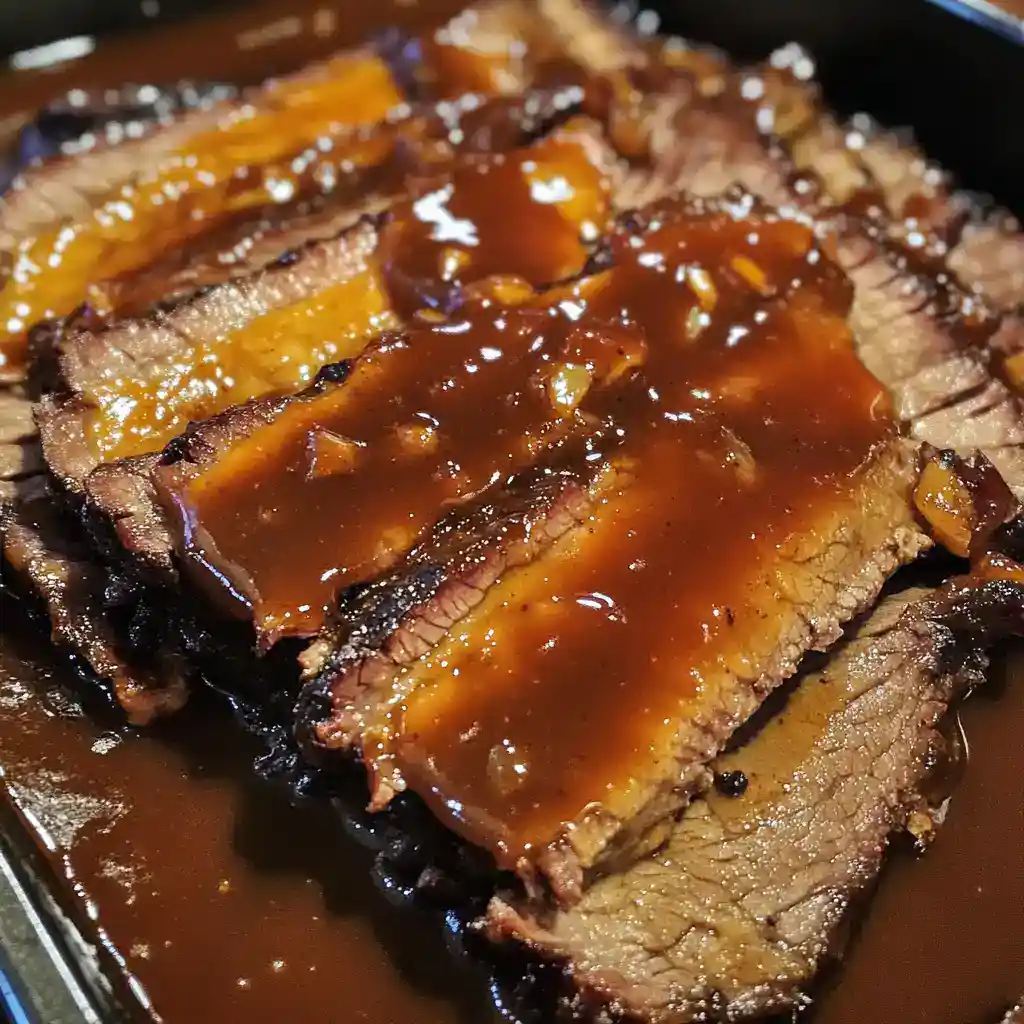 Juicy beef brisket topped with rich barbecue sauce, served on a black plate. Perfect for a hearty meal or special occasion.