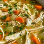 Warm homemade chicken noodle soup with tender chicken, carrots, and fresh herbs in a clear broth. Perfect for cozy meals and cold days.