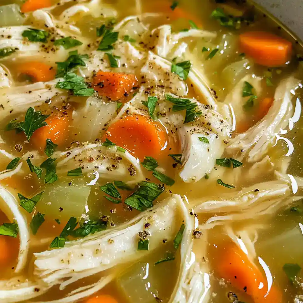 Warm homemade chicken noodle soup with tender chicken, carrots, and fresh herbs in a clear broth. Perfect for cozy meals and cold days.