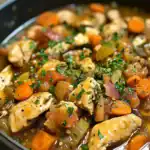 Delicious chicken vegetable stew with carrots, celery, and herbs in a savory broth, perfect for a hearty meal.