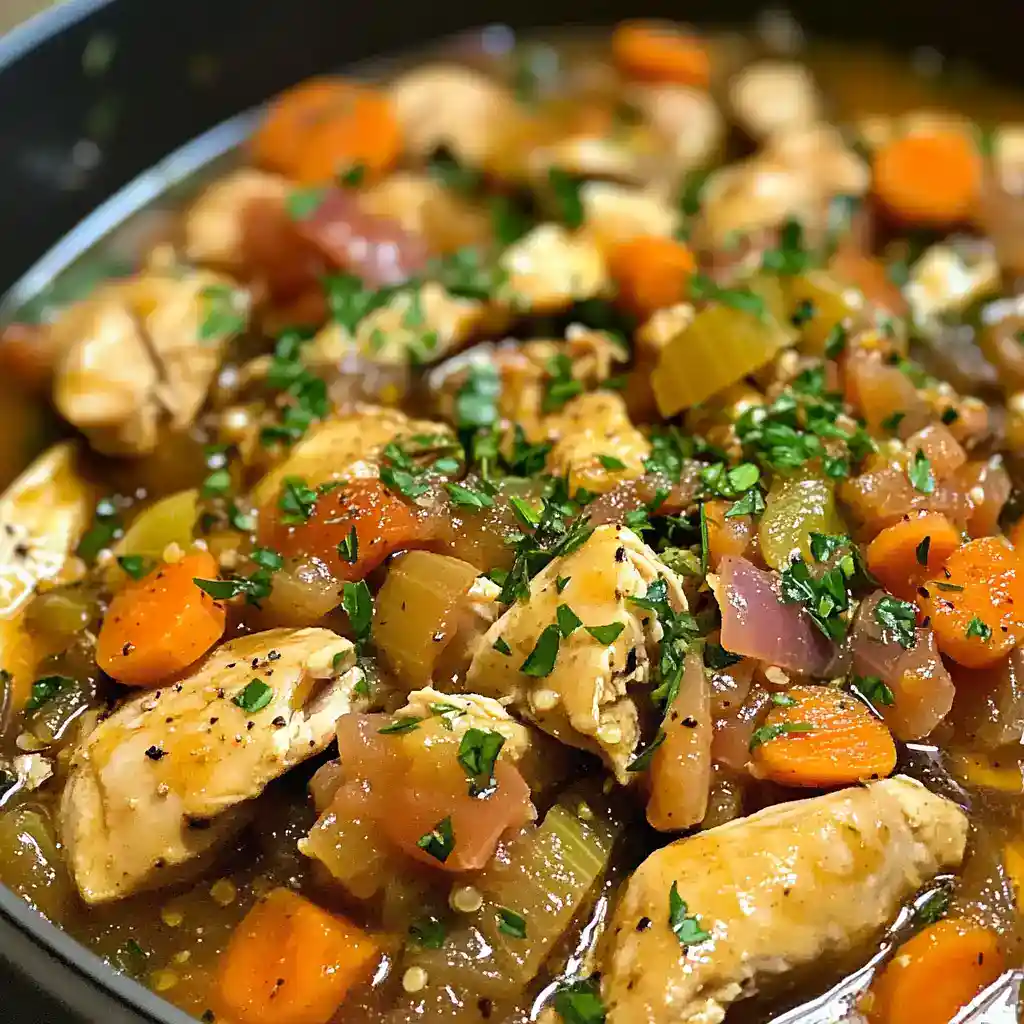 Delicious chicken vegetable stew with carrots, celery, and herbs in a savory broth, perfect for a hearty meal.