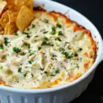Delicious creamy chicken Alfredo casserole topped with melted cheese and fresh herbs, served with crispy tortilla chips on the side. Perfect comfort food for any occasion.