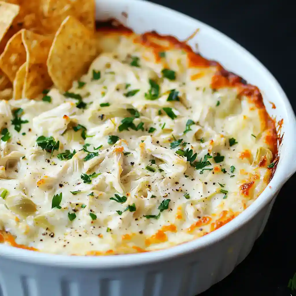 Delicious creamy chicken Alfredo casserole topped with melted cheese and fresh herbs, served with crispy tortilla chips on the side. Perfect comfort food for any occasion.
