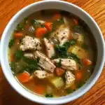 Hearty chicken vegetable soup with carrots, spinach, and herbs in a white bowl on a wooden table. Perfect for a comforting meal.