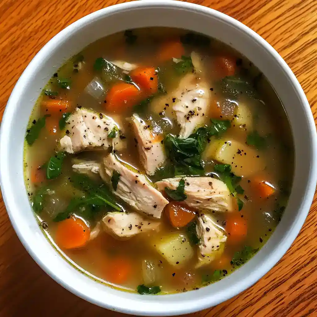 Hearty chicken vegetable soup with carrots, spinach, and herbs in a white bowl on a wooden table. Perfect for a comforting meal.