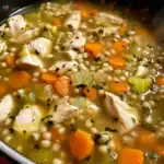 Healthy chicken vegetable soup with grains, carrots, celery, and herbs in a savory broth.