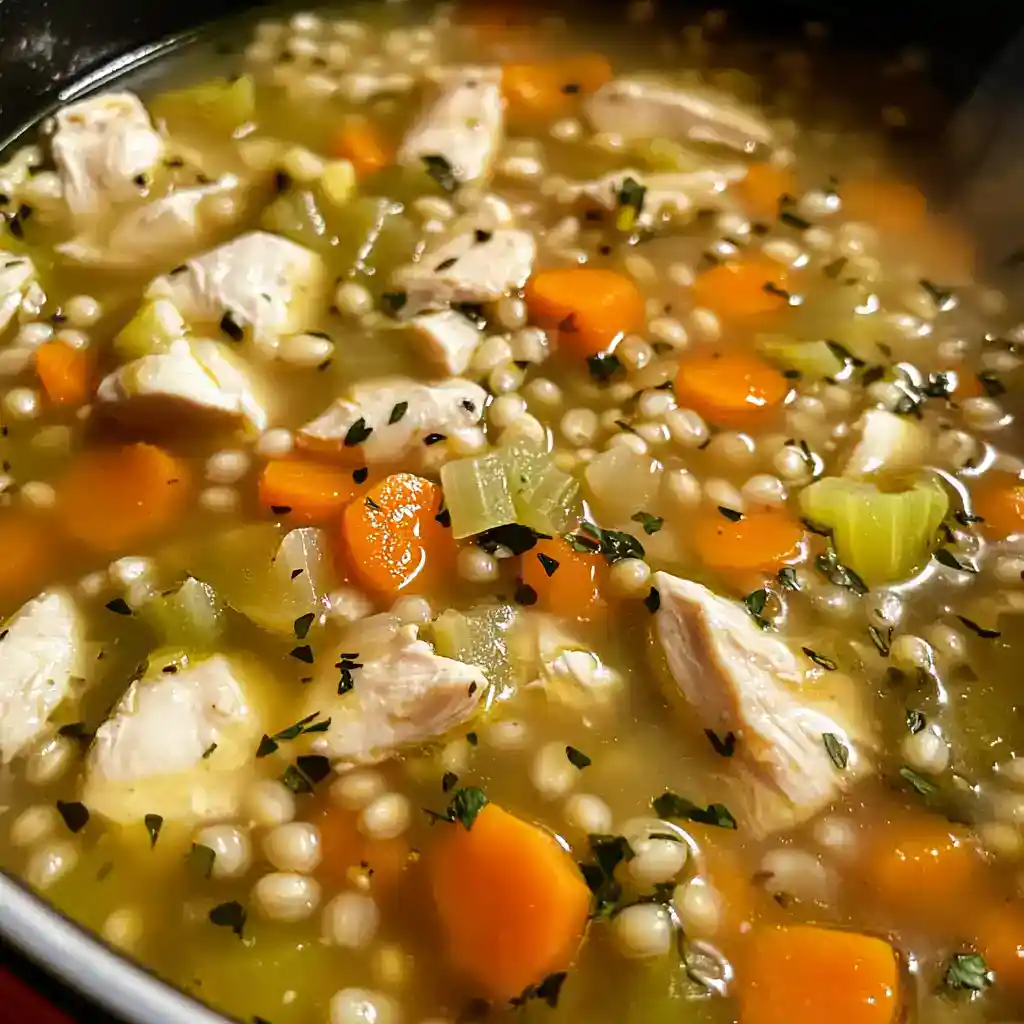 Healthy chicken vegetable soup with grains, carrots, celery, and herbs in a savory broth.