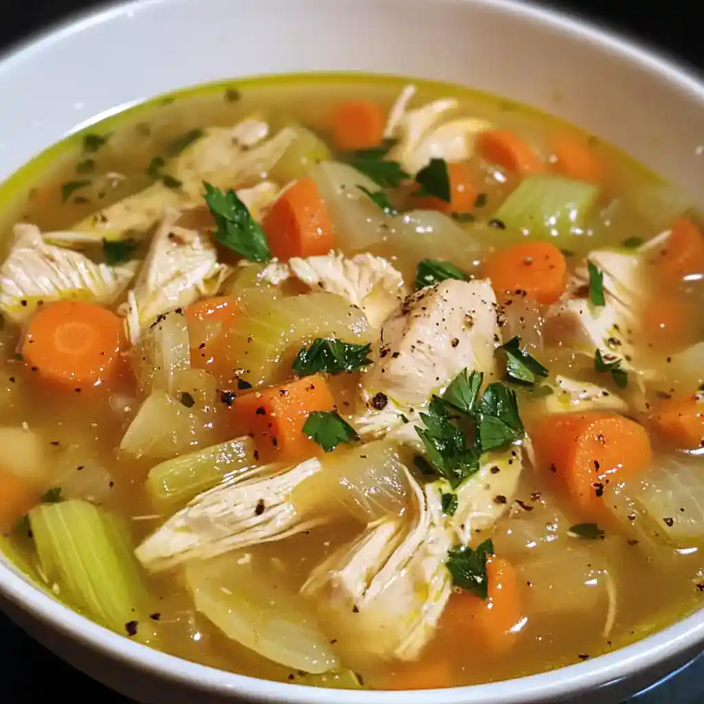 Hearty chicken vegetable soup with carrots, celery, and herbs in a white bowl, perfect for a comforting meal.