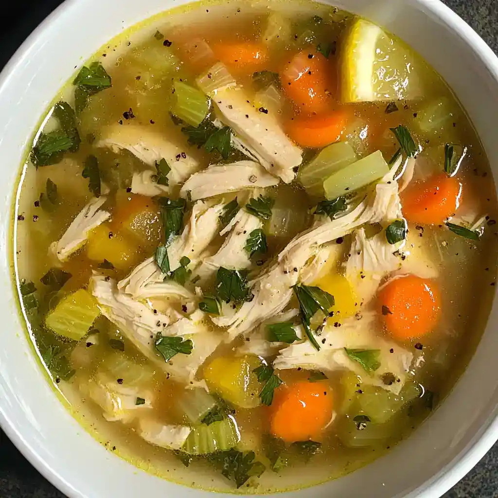 A bowl of homemade chicken vegetable soup with shredded chicken, carrots, celery, and herbs in a clear broth.