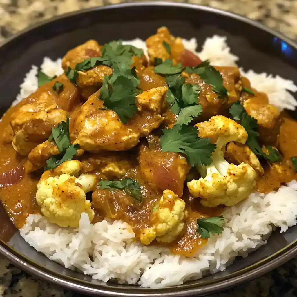 A flavorful chicken and cauliflower curry served over white rice, garnished with fresh cilantro. Perfect for a hearty and aromatic meal.