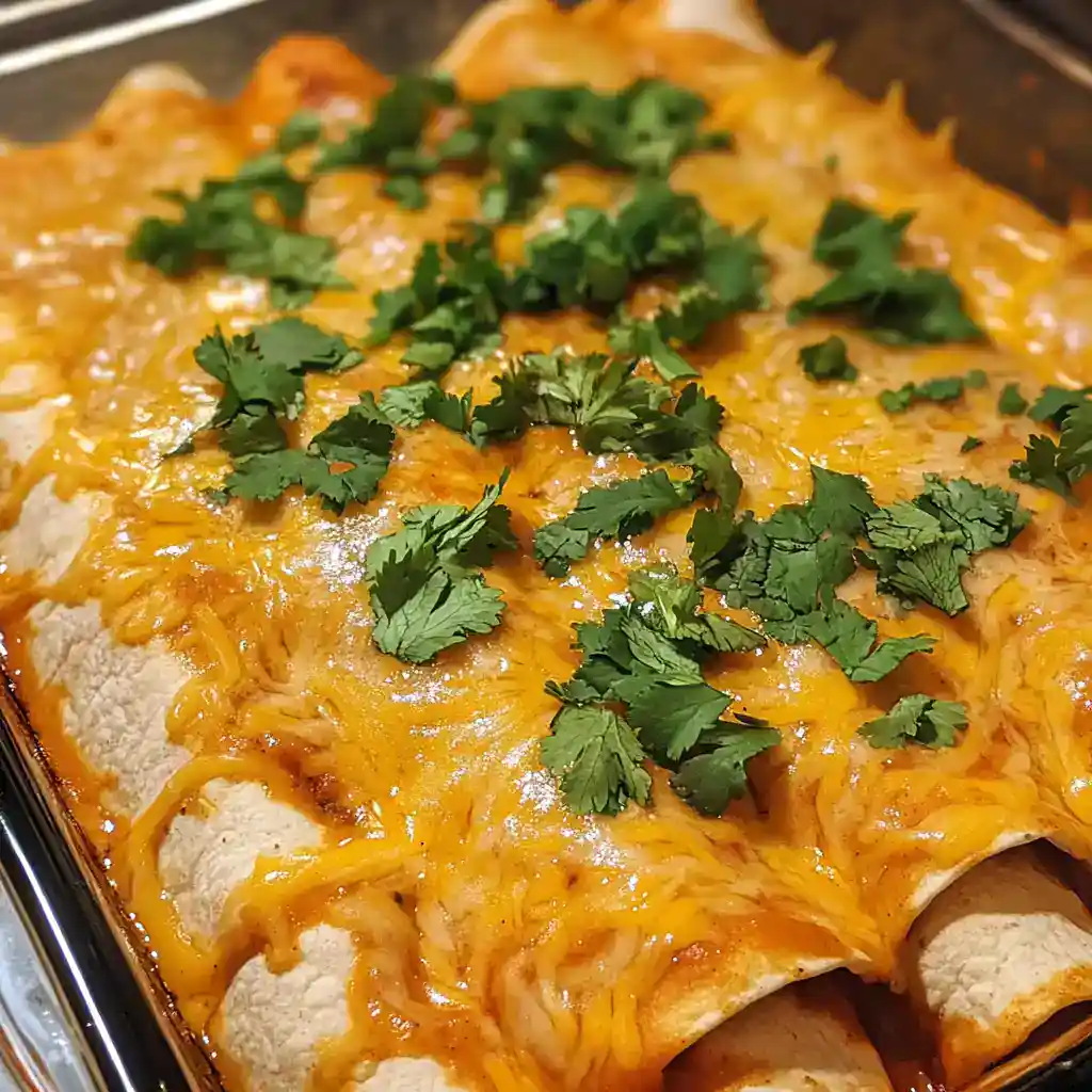 Delicious cheesy chicken enchiladas topped with melted cheese and fresh cilantro, served in a baking dish. Perfect for a flavorful Mexican-inspired meal.