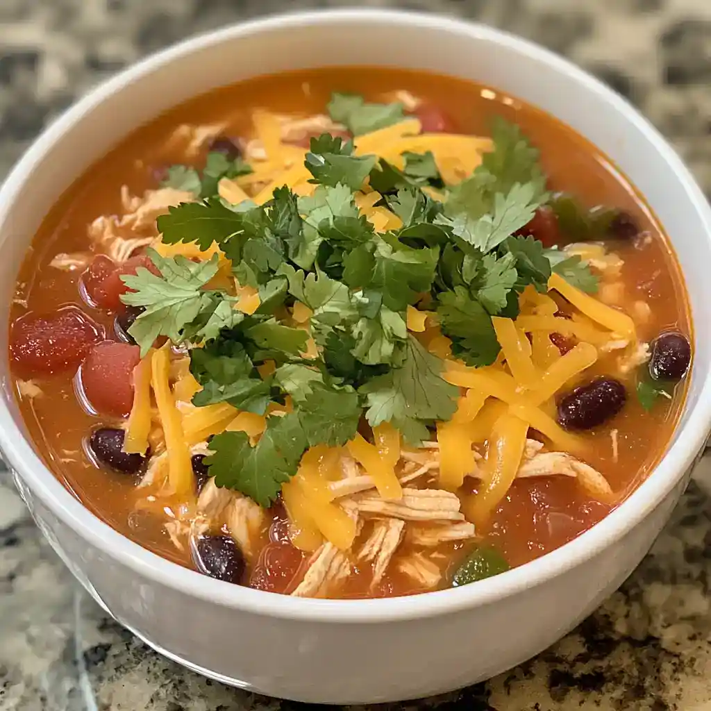 Delicious chicken taco soup topped with shredded cheese, fresh cilantro, and beans in a white bowl on a granite countertop.