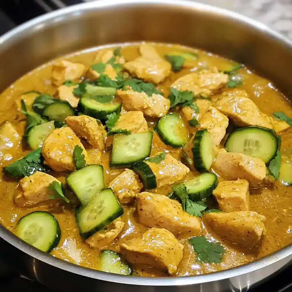Delicious chicken curry with fresh cucumber slices and cilantro, served in a stainless steel pan, showcasing a flavorful and hearty dish perfect for dinner.