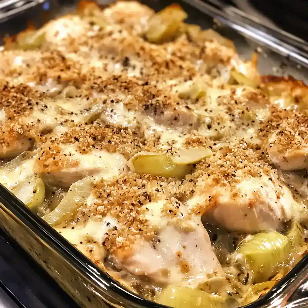 Delicious creamy chicken and leek casserole topped with breadcrumbs, perfect for a comforting family dinner.