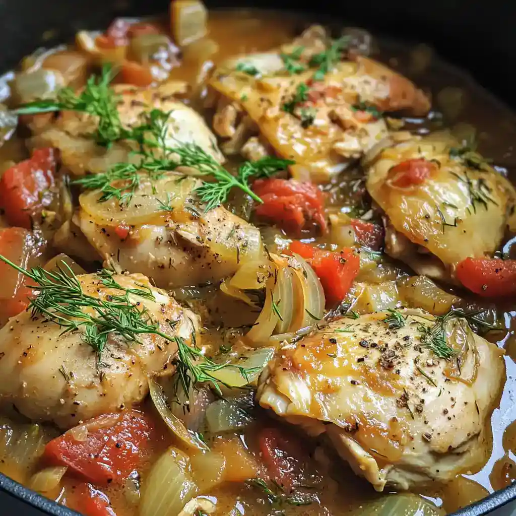Delicious chicken thighs cooked with fresh vegetables and herbs, showcasing a flavorful and hearty dish perfect for family dinners.