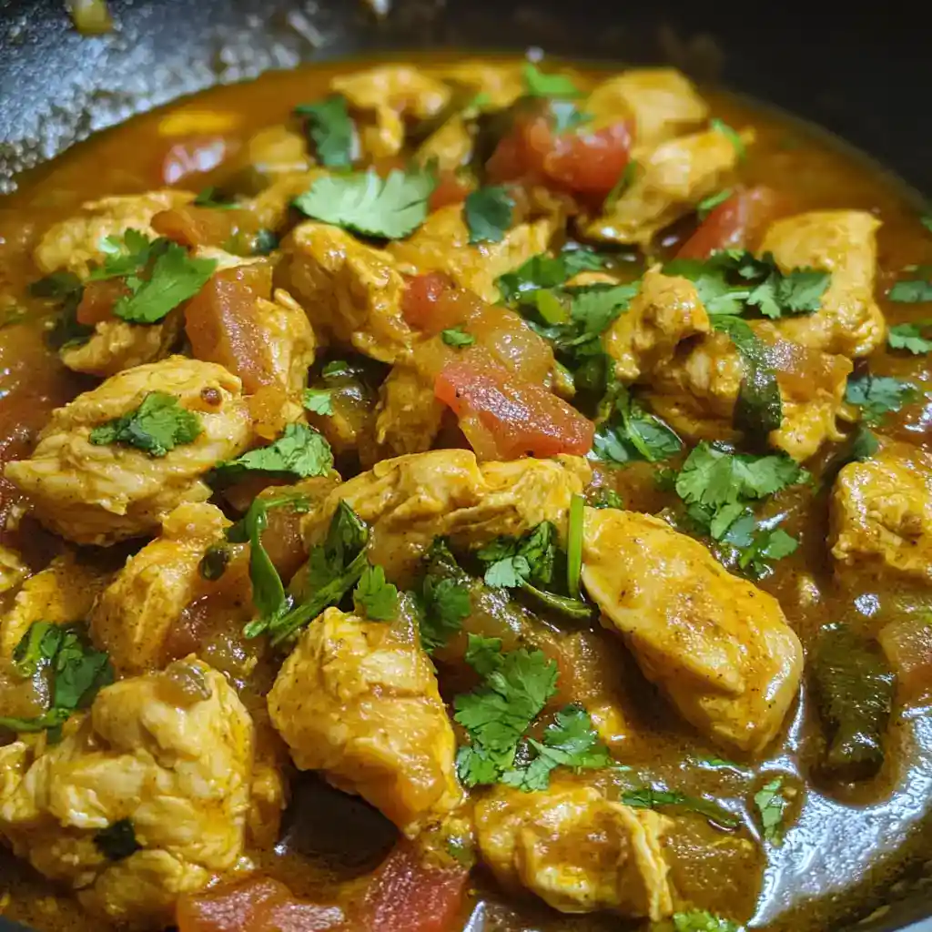 Delicious chicken curry with tomatoes and fresh cilantro, served in a rich, flavorful sauce. Perfect for a hearty meal.