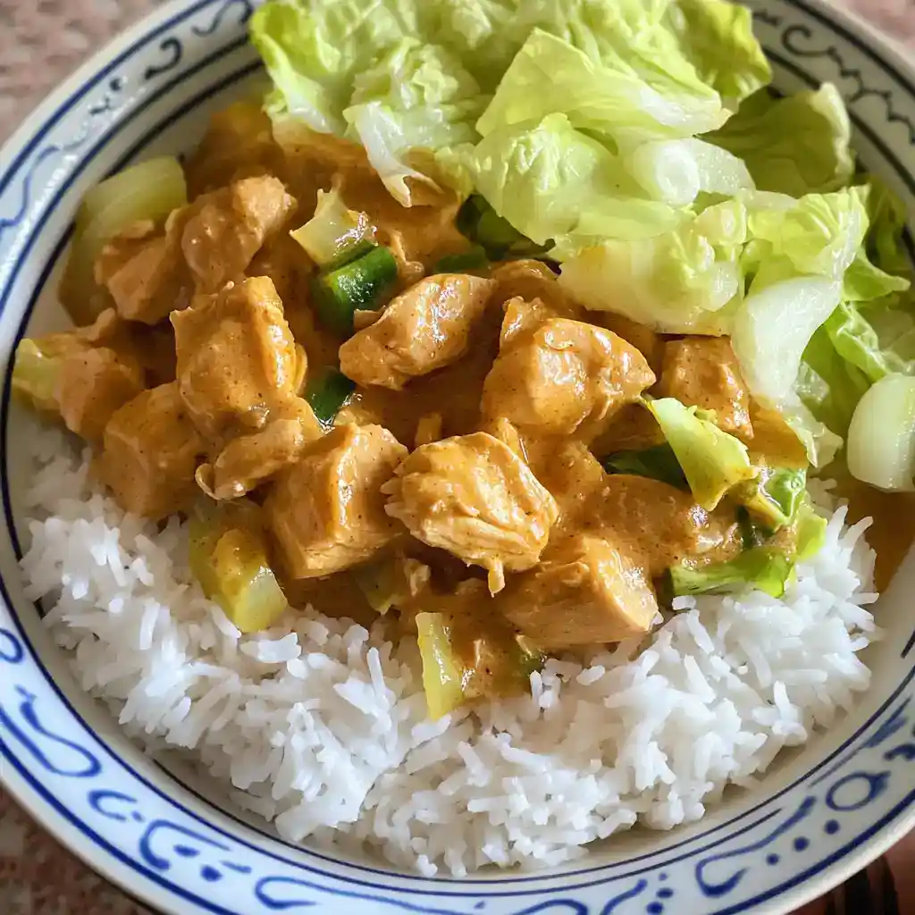 Delicious chicken curry served over white rice with fresh lettuce on a decorative plate, perfect for a comforting meal.