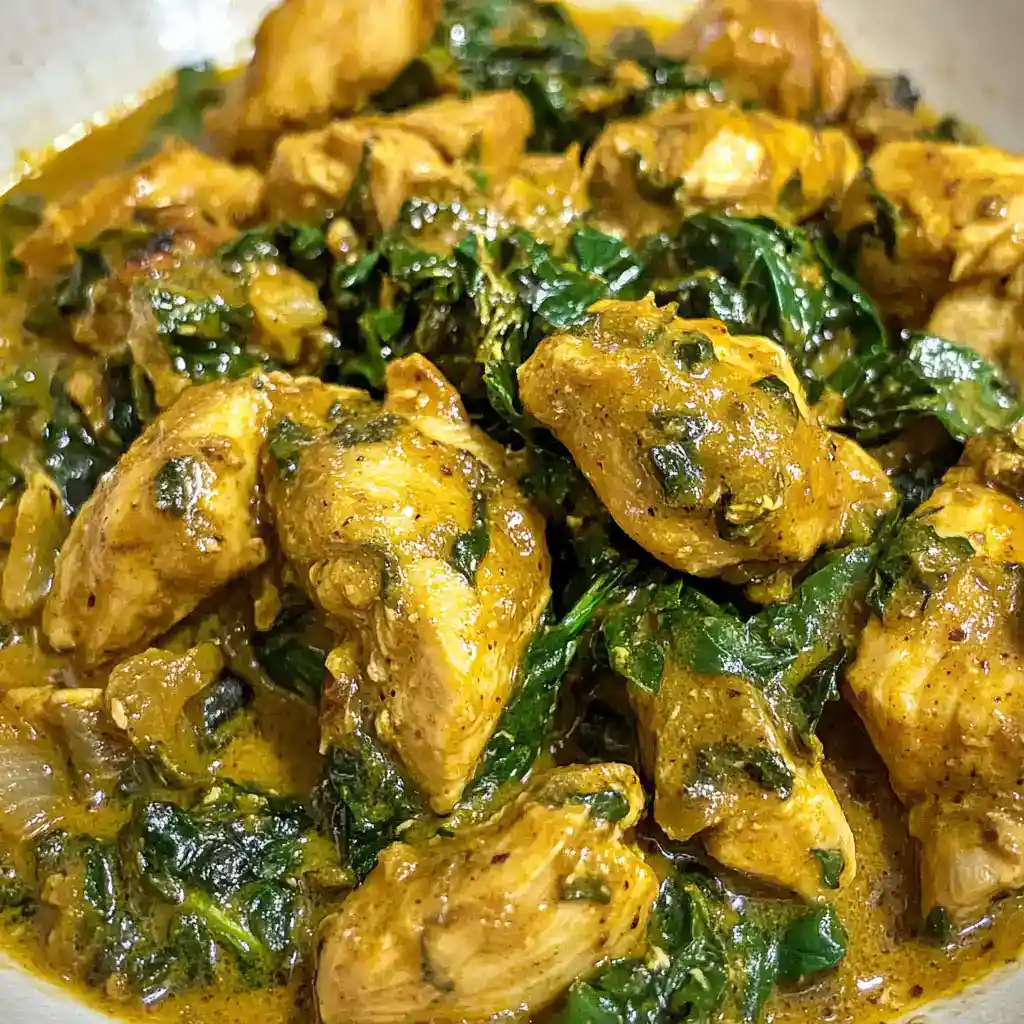 Delicious chicken curry cooked with fresh spinach and aromatic spices, perfect for a hearty meal.