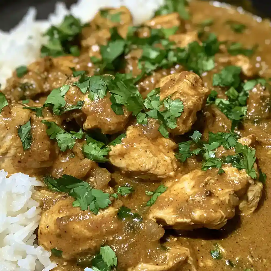 Delicious chicken curry served with white rice, garnished with fresh cilantro, perfect for a flavorful and hearty meal.