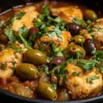 Delicious chicken and green and black olives simmered in a savory tomato sauce, garnished with fresh herbs. Perfect for hearty, flavorful meals.