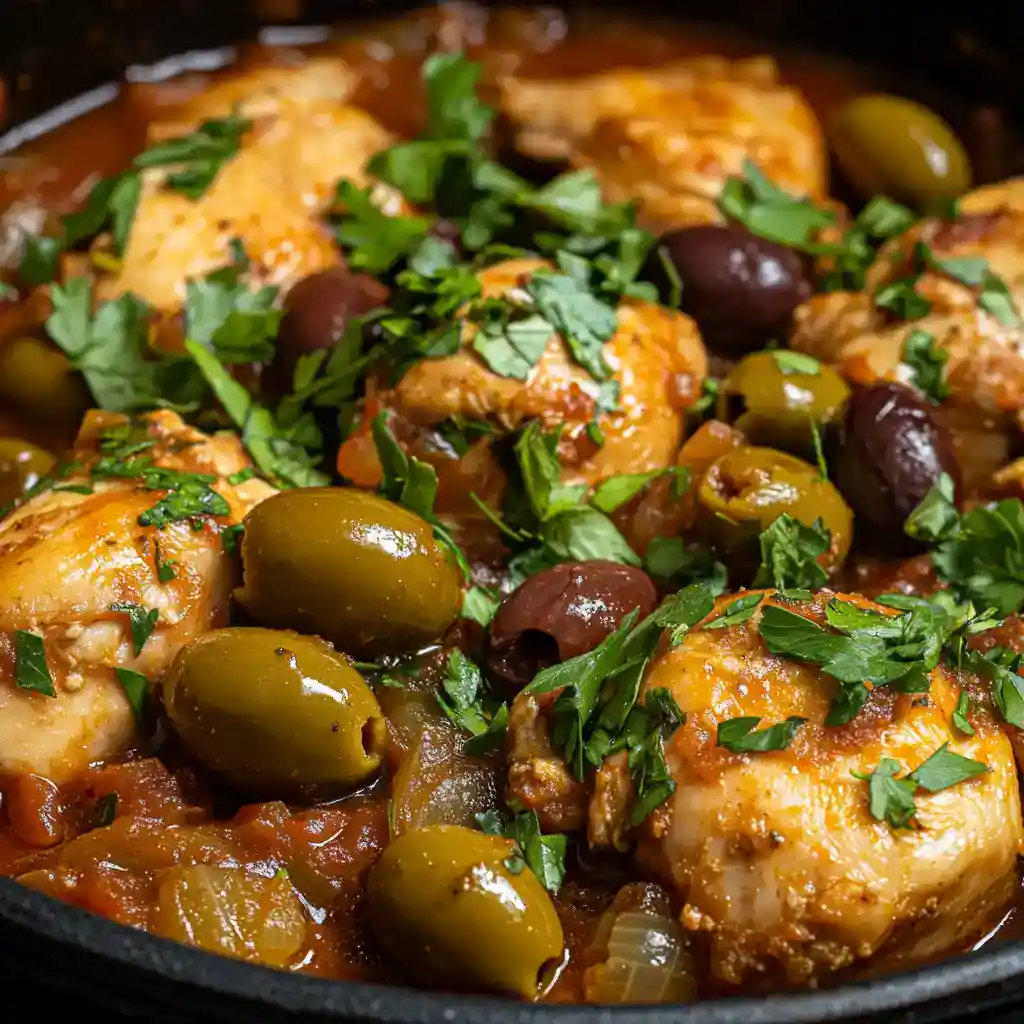 Delicious chicken and green and black olives simmered in a savory tomato sauce, garnished with fresh herbs. Perfect for hearty, flavorful meals.