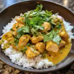 Delicious chicken curry served over fluffy white rice, garnished with fresh cilantro, perfect for a flavorful and hearty meal.