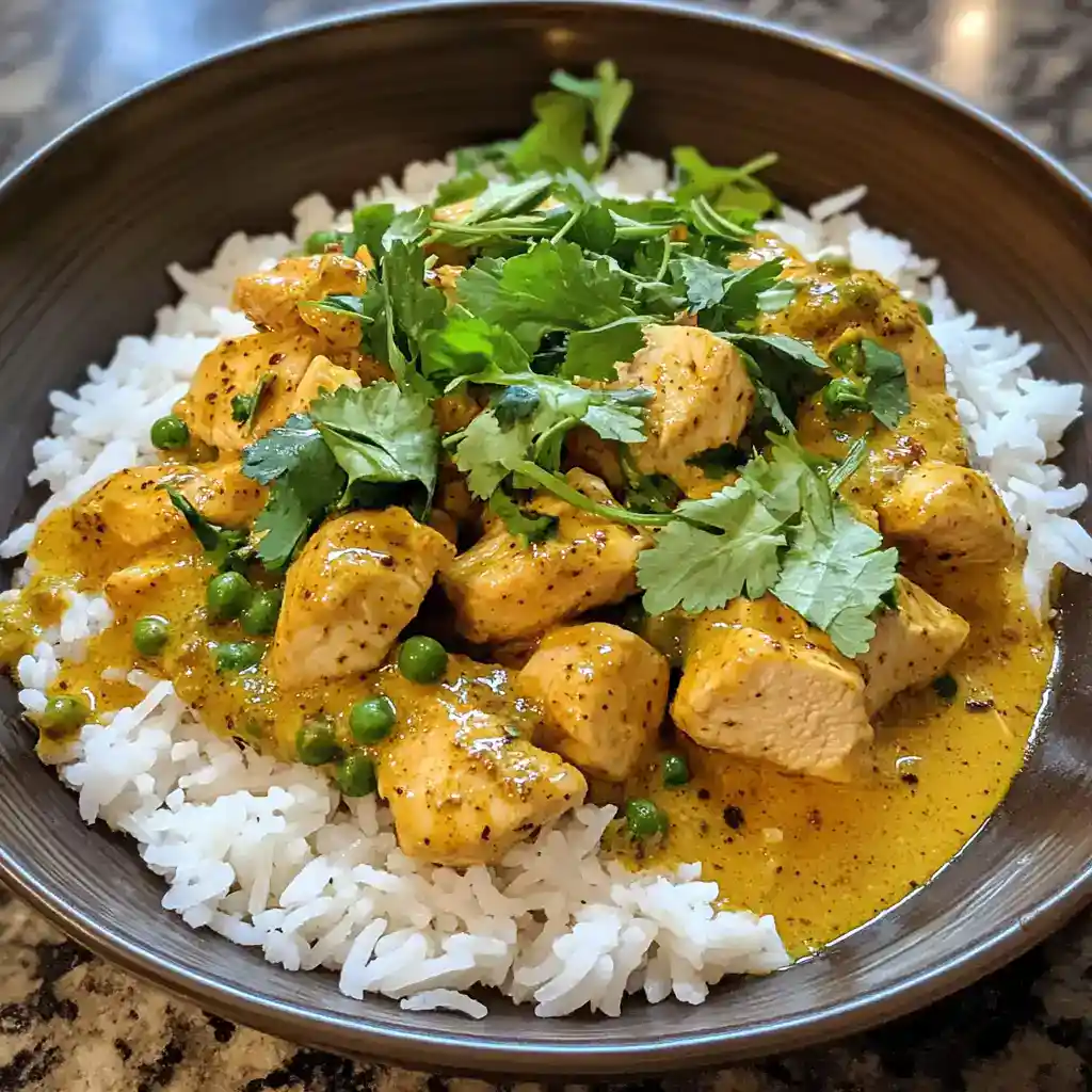 Delicious chicken curry served over fluffy white rice, garnished with fresh cilantro, perfect for a flavorful and hearty meal.