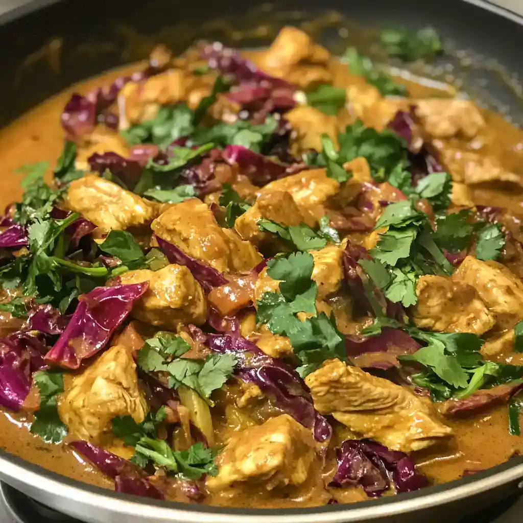 Delicious chicken and cabbage stir-fry with flavorful sauce, garnished with fresh cilantro, perfect for quick and healthy meals.