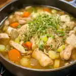 Delicious chicken and vegetable soup featuring tender chicken pieces, carrots, celery, and microgreens, served hot in a black bowl. Perfect for a comforting meal.