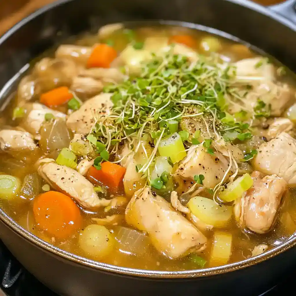 Delicious chicken and vegetable soup featuring tender chicken pieces, carrots, celery, and microgreens, served hot in a black bowl. Perfect for a comforting meal.