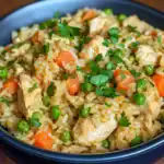 Delicious chicken and vegetable fried rice with peas, carrots, and fresh herbs in a black bowl. Perfect for quick, flavorful meals.