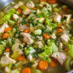 Healthy chicken vegetable soup with carrots, celery, and fresh herbs, perfect for a comforting and nutritious meal.