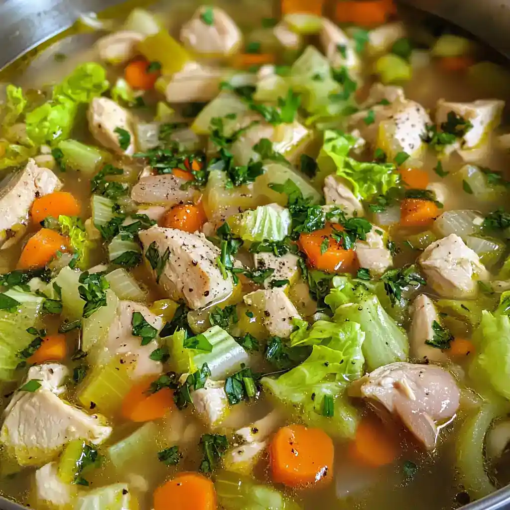 Healthy chicken vegetable soup with carrots, celery, and fresh herbs, perfect for a comforting and nutritious meal.