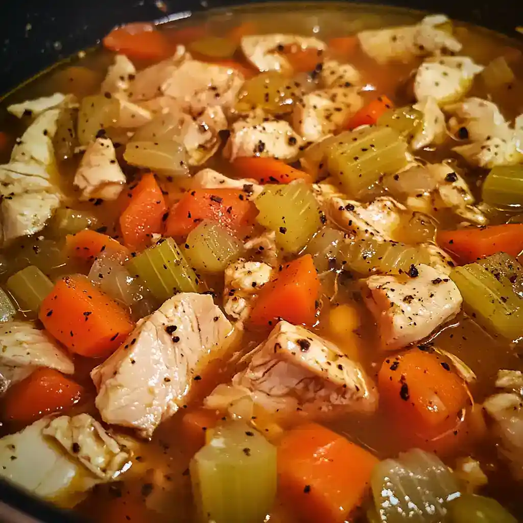 Healthy chicken and vegetable soup with carrots, celery, and herbs.