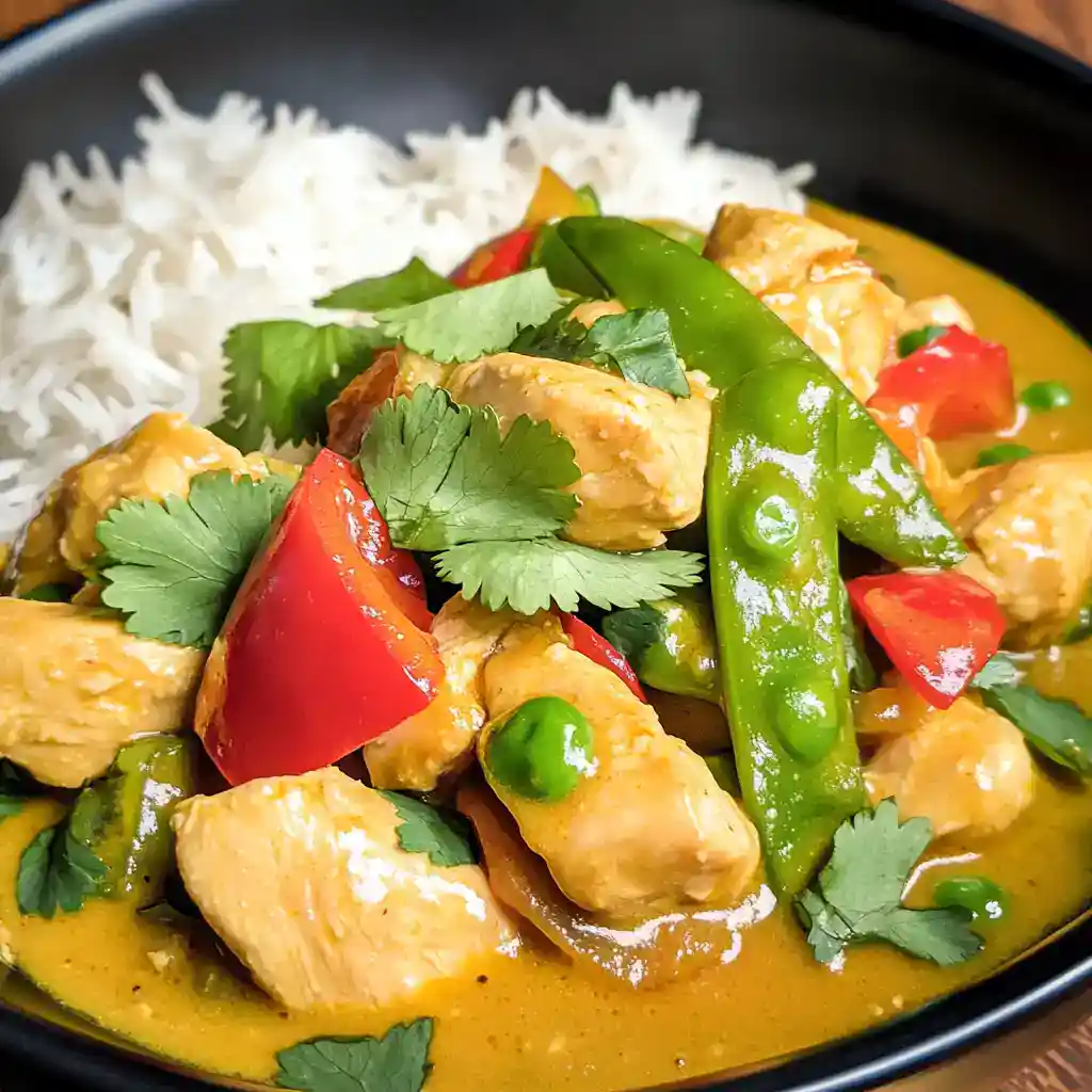 Delicious chicken and vegetable curry served with fluffy white rice, featuring colorful bell peppers, snap peas, and fresh cilantro for a flavorful Asian-inspired meal.