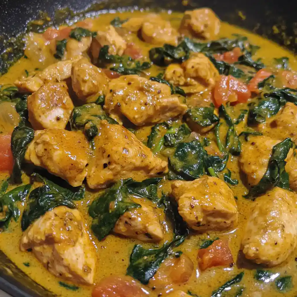 Chicken curry with spinach and tomatoes in a rich, flavorful sauce. Perfect for a hearty, nutritious meal.