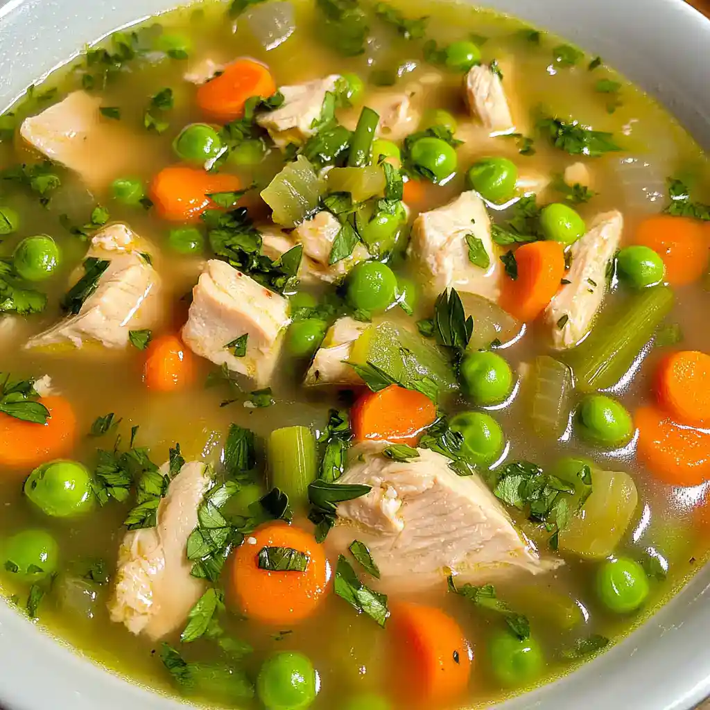 Delicious homemade chicken vegetable soup with peas, carrots, celery, and herbs in a clear broth. Perfect for a comforting and healthy meal.