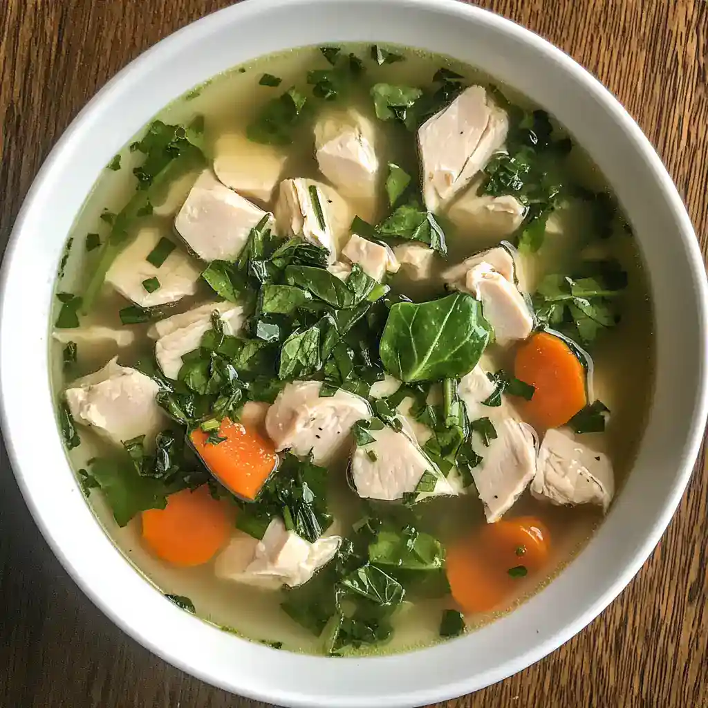 A bowl of homemade chicken vegetable soup with carrots, greens, and tender chicken pieces, served in a white bowl on a wooden table.