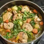 Delicious chicken and vegetable stew with carrots, potatoes, and herbs in a savory broth, perfect for hearty meals.