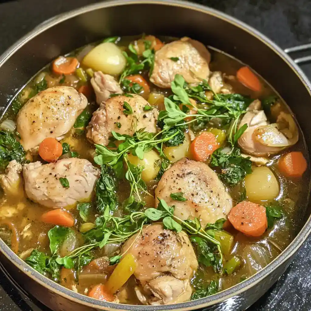 Delicious chicken and vegetable stew with carrots, potatoes, and herbs in a savory broth, perfect for hearty meals.
