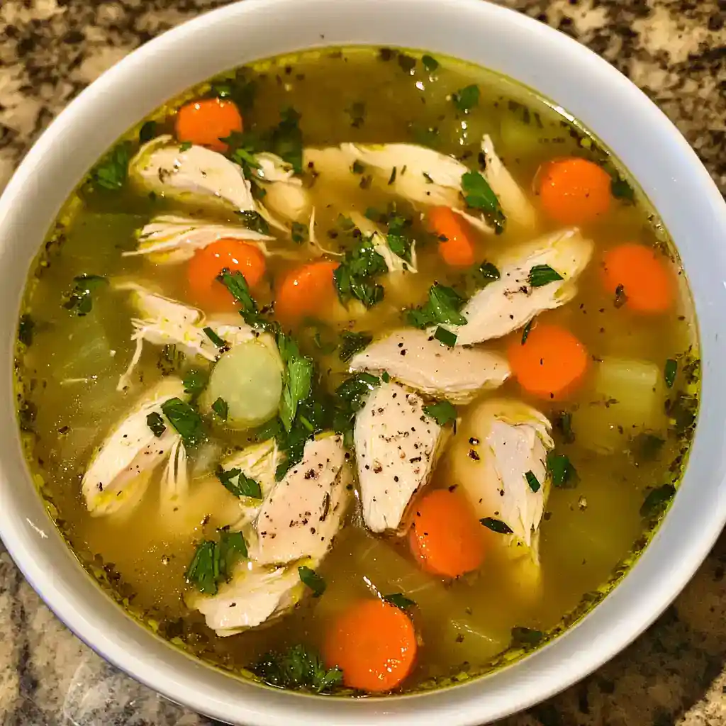 A bowl of homemade chicken vegetable soup with carrots, celery, and herbs in a clear broth, perfect for a comforting and nutritious meal.