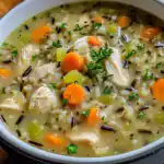 Creamy chicken and wild rice soup with carrots, celery, and herbs in a white bowl.