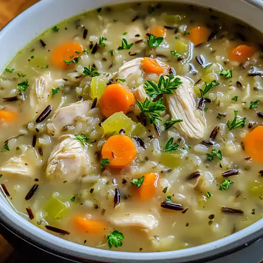Creamy chicken and wild rice soup with carrots, celery, and herbs in a white bowl.