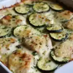 Delicious baked chicken with zucchini slices topped with melted cheese and herbs, perfect for a comforting dinner.