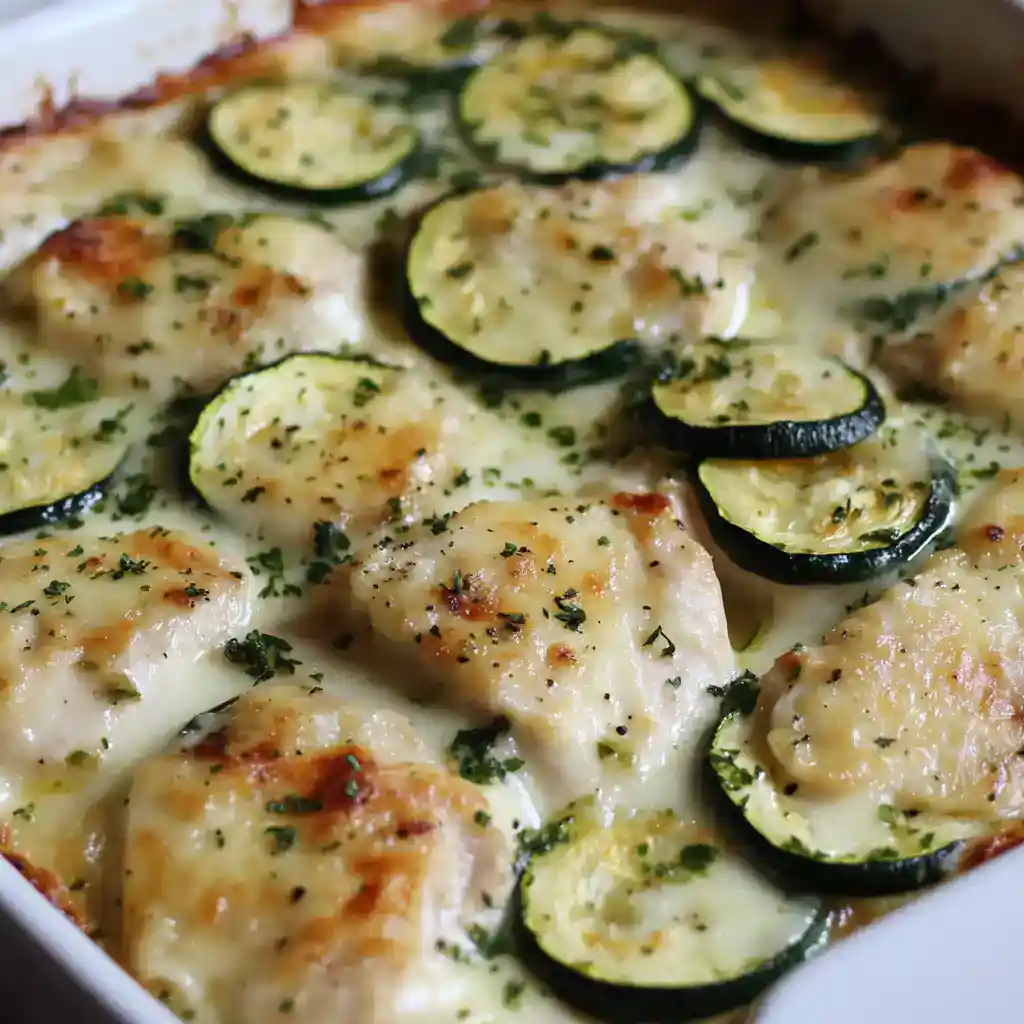 Delicious baked chicken with zucchini slices topped with melted cheese and herbs, perfect for a comforting dinner.