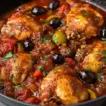 Delicious chicken thighs cooked in a rich tomato sauce with black and green olives, garnished with fresh herbs. Perfect for a hearty, flavorful meal.