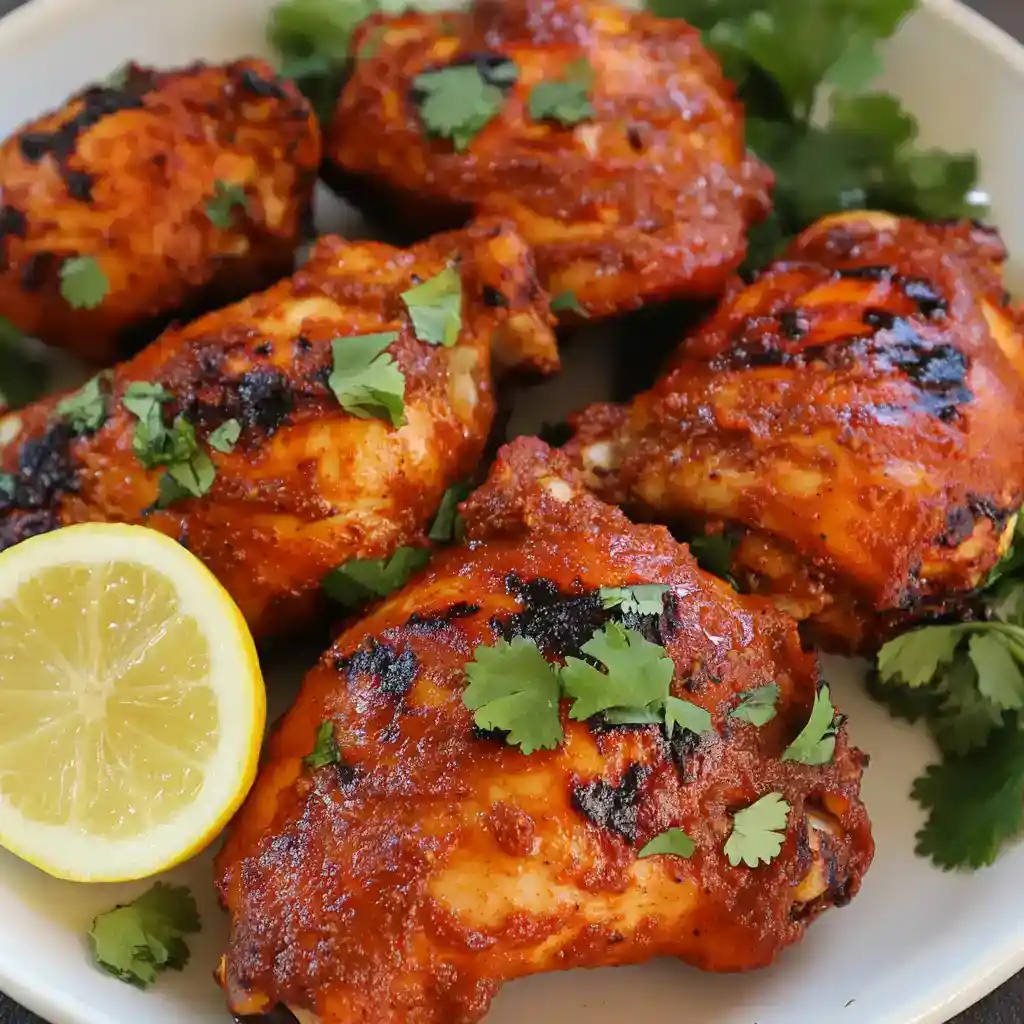 Delicious grilled chicken drumsticks topped with fresh herbs and served with lemon slices, perfect for a flavorful and healthy meal.