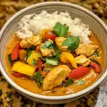 Delicious chicken curry with colorful bell peppers and fresh cilantro served over white rice in a bowl. Perfect for a flavorful and hearty meal.