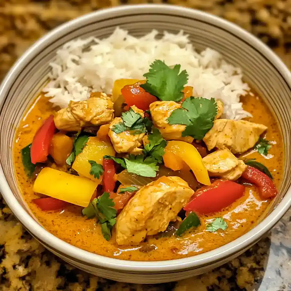 Delicious chicken curry with colorful bell peppers and fresh cilantro served over white rice in a bowl. Perfect for a flavorful and hearty meal.
