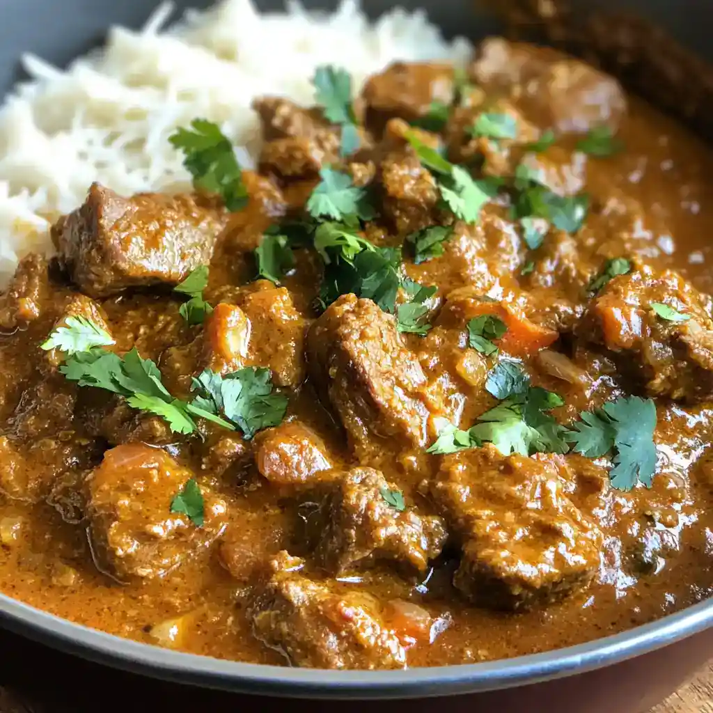 Delicious beef curry served with fluffy white rice, garnished with fresh cilantro, perfect for a hearty meal.